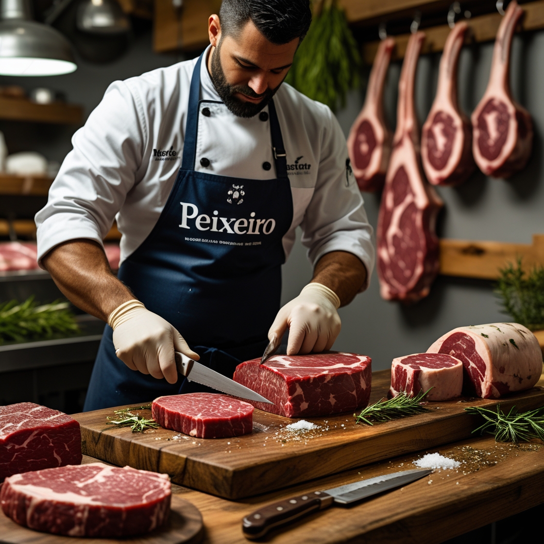Carnicero Peixeiro cortando carne premium